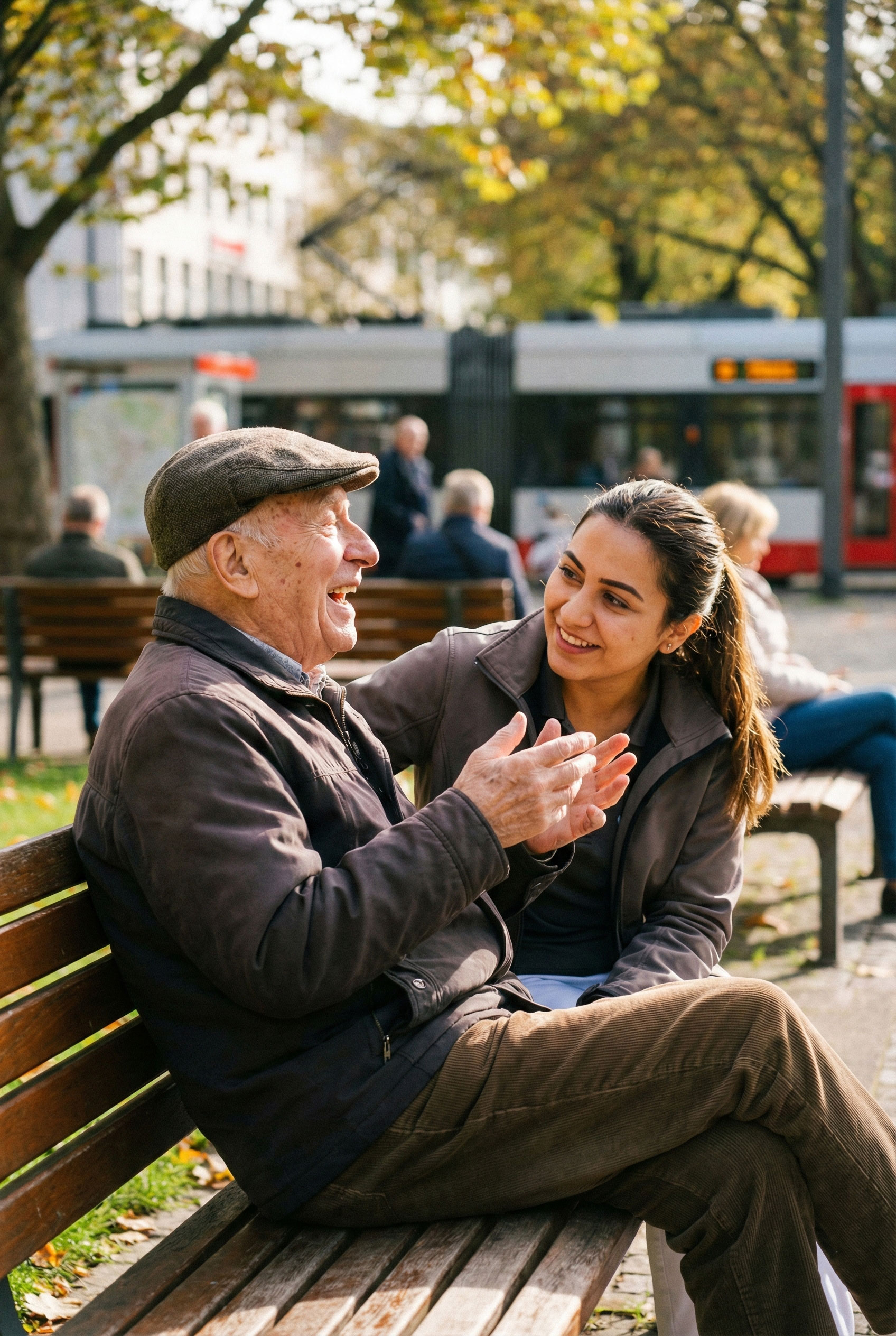Seniorin wird fürsorglich beim Spaziergang begleitet